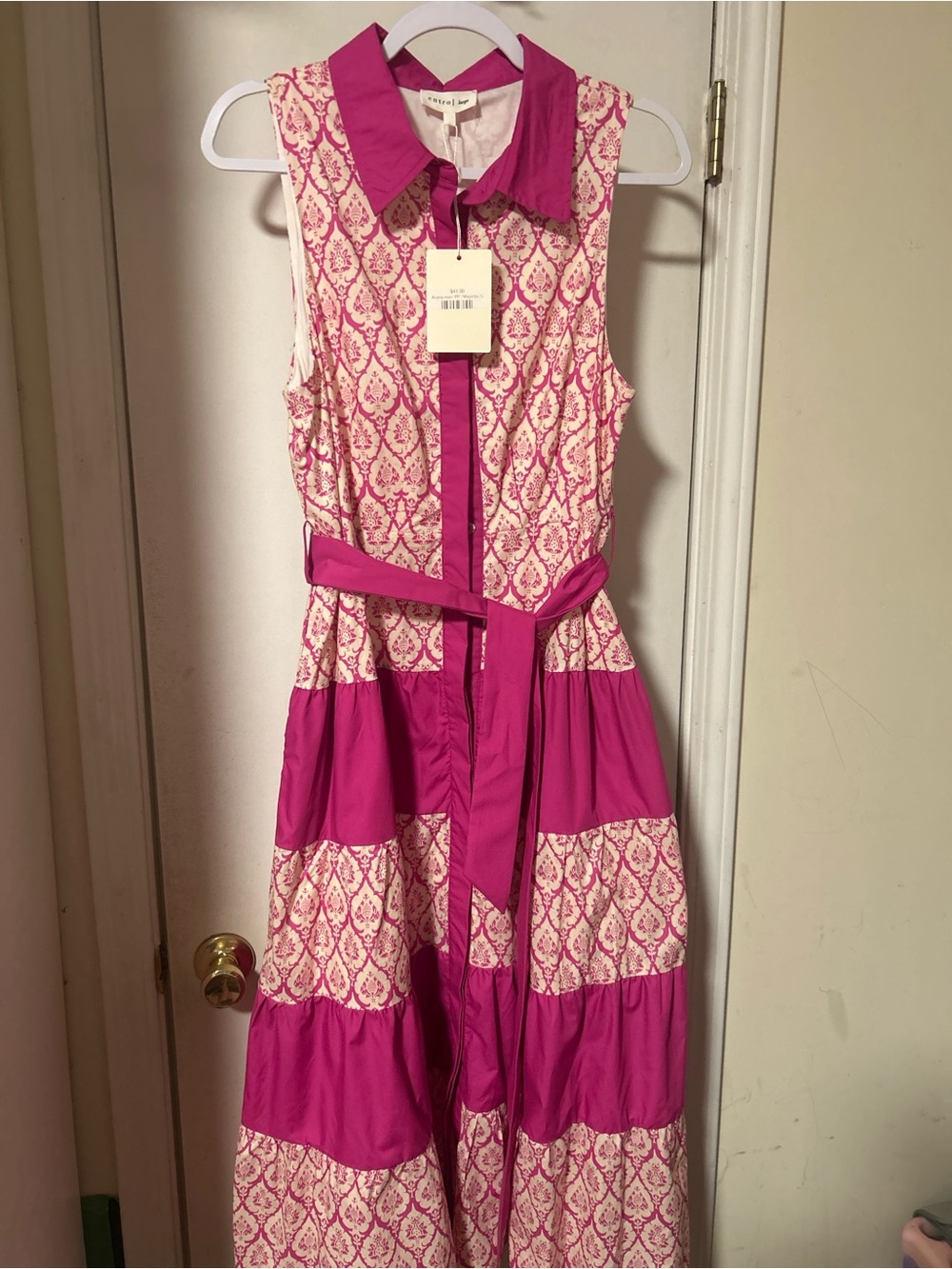entro Sleeveless Pink and Cream Patterned Belted Maxi Dress